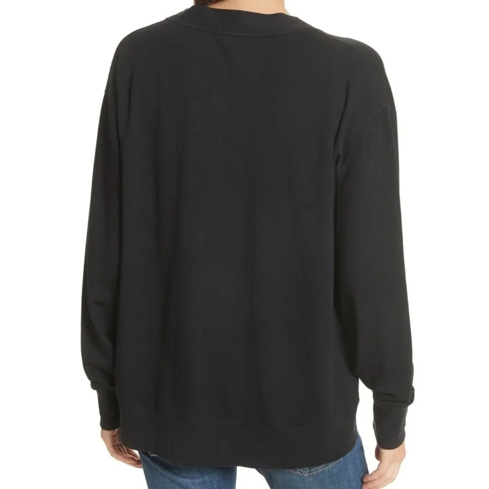 Rag & Bone V Neck Sweatshirt Size Large Women’s Black Flora Pullover Stretch - Picture 2 of 10